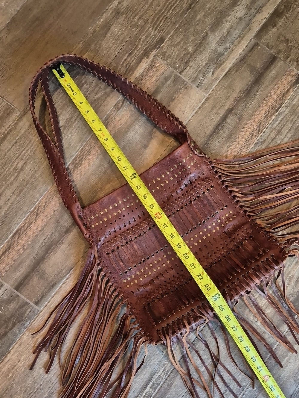 Raj Anthropologie Dark Brown Fringe Studded Whipstitch Leather Shoulder Bag - Picture 13 of 15